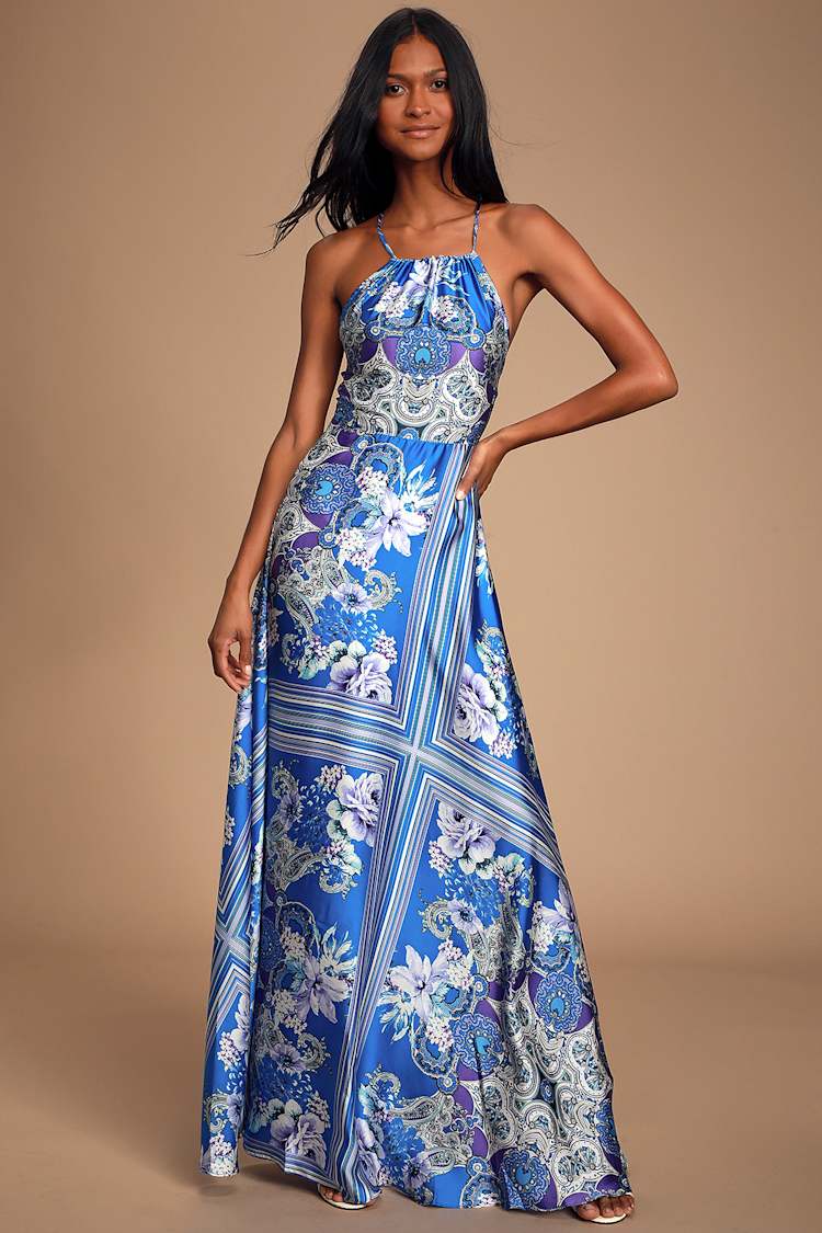 Glam Blue Scarf Print Dress - Red Satin Dress - Satin Maxi Dress - Lulus