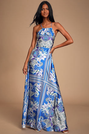 Glam Blue Scarf Print Dress - Red Satin Dress - Satin Maxi Dress - Lulus