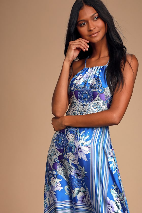 Whirlwind Blue Multi Scarf Print Satin Maxi Dress 6