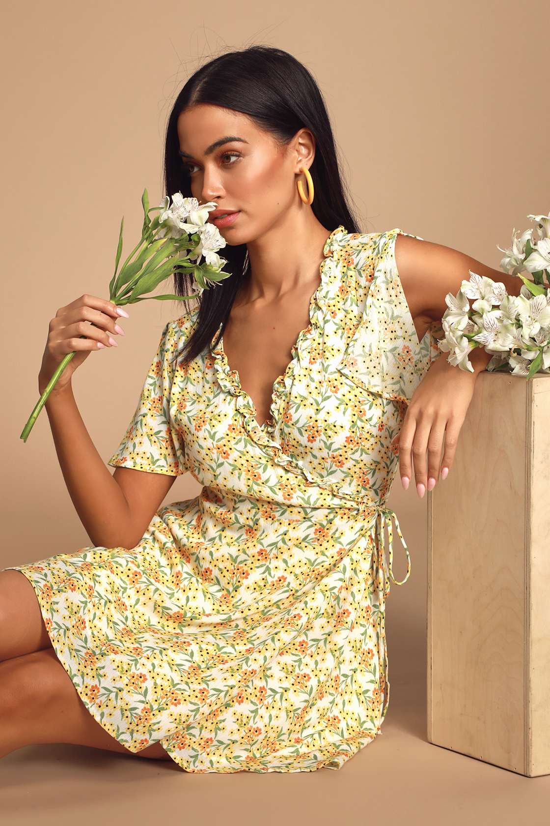 Cute Yellow Floral Print Dress - Mini Dress - Yellow Wrap Dress - Lulus