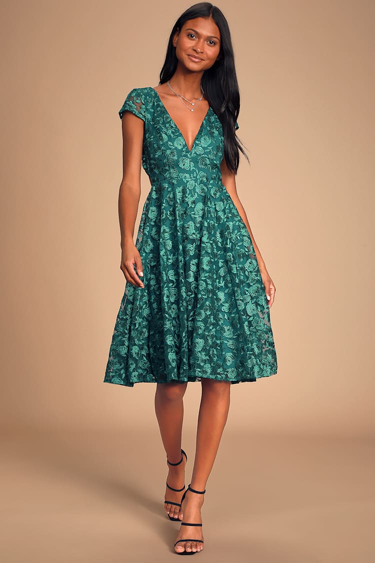 Stunning Lace Midi Dress - Emerald Green Dress - Skater Dress - Lulus