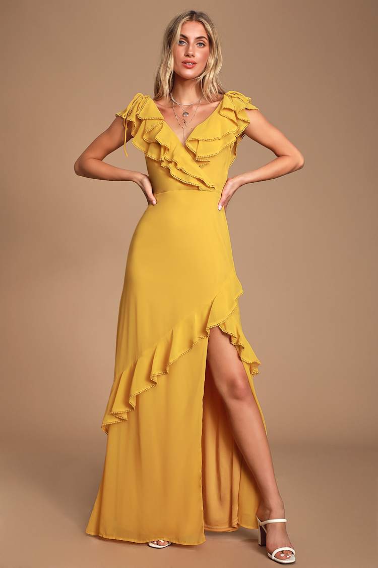 mustard yellow ruffle maxi dress Mustard Gold Laced Ruffled Tiered Maxi Dress with Adjustable Straps Medium
