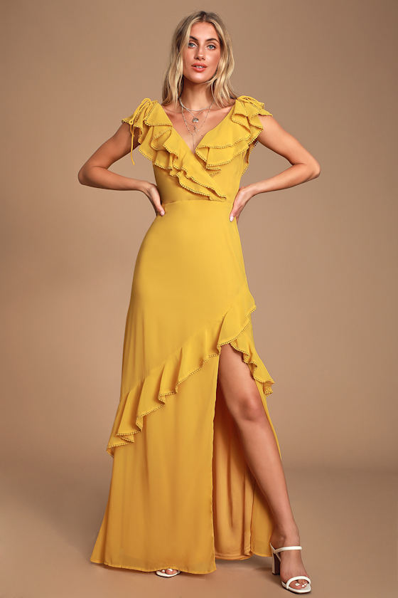 Love From Above Mustard Yellow Ruffled Surplice Maxi Dress 3