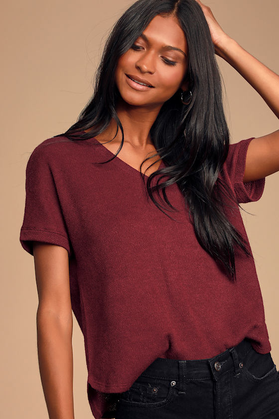 True Story Burgundy V-Neck Short Sleeve Sweater Top 2