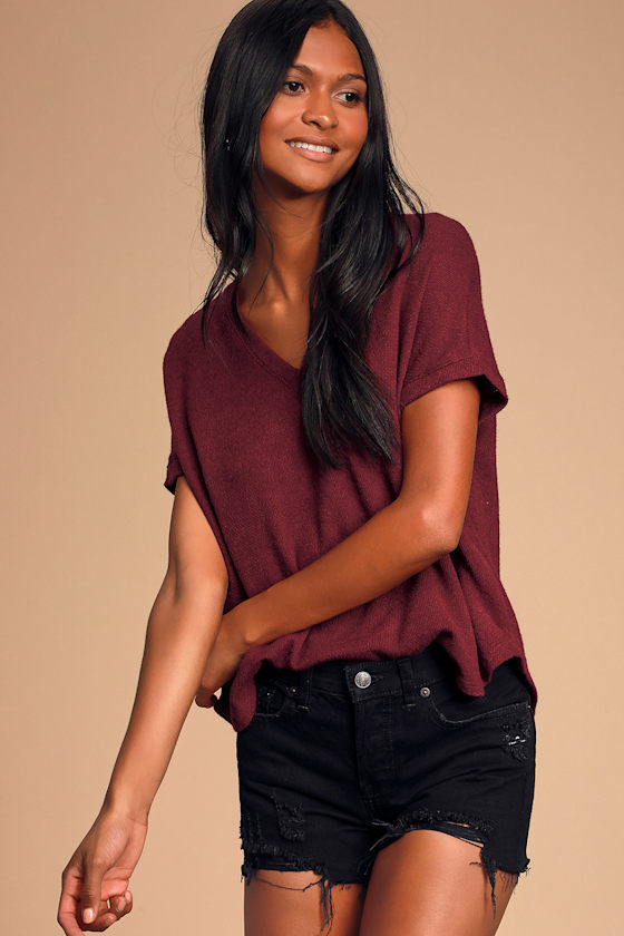 True Story Burgundy V-Neck Short Sleeve Sweater Top 1
