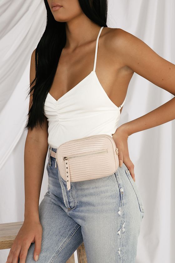 Zira Blush Pink Snake Embossed Convertible Belt Bag 1