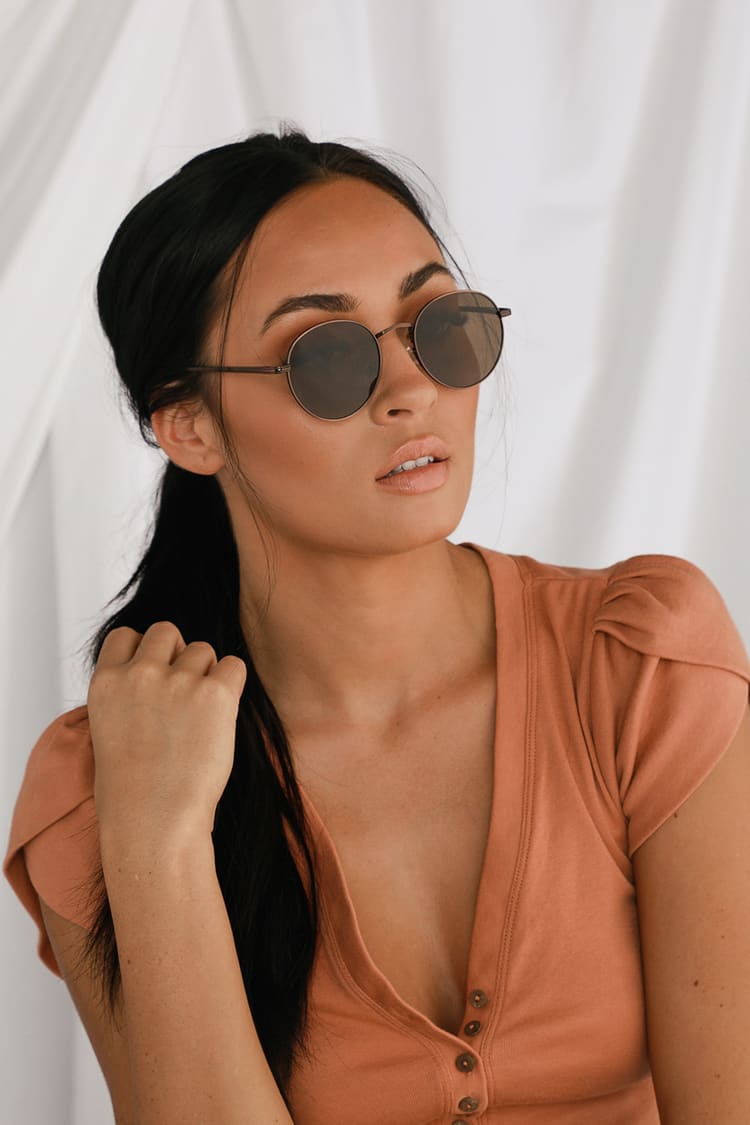 Cute Bronze Sunnies - Round Sunglasses Wire-Frame Sunglasses - Lulus