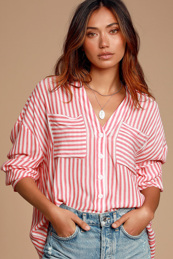 Cute White and Red Striped Top - Button-Up Blouse - Collared Top - Lulus