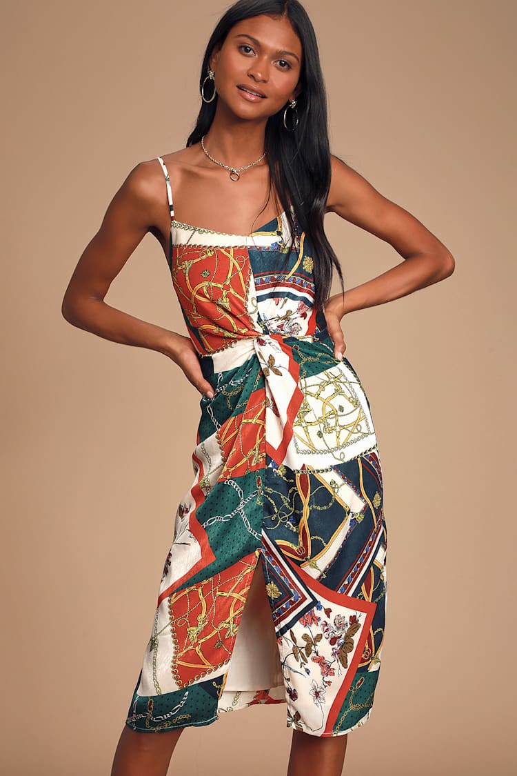 knee length dresses for ladies Bold Scarf Print Midi Dress with Cut Out main image 1