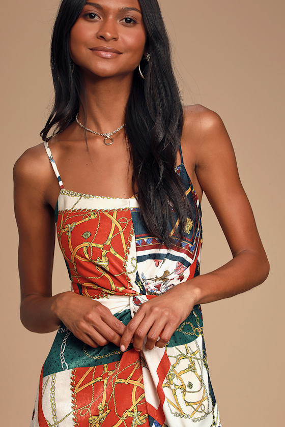 Angelyn Cream Multi Scarf Print Twist-Front Satin Midi Dress 3