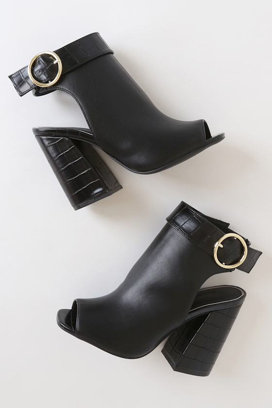 Cristie Black Crocodile Embossed Peep-Toe Booties 2