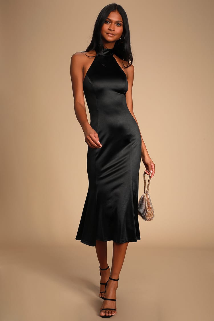 Could It Be Magic Black Satin Halter Midi Dress