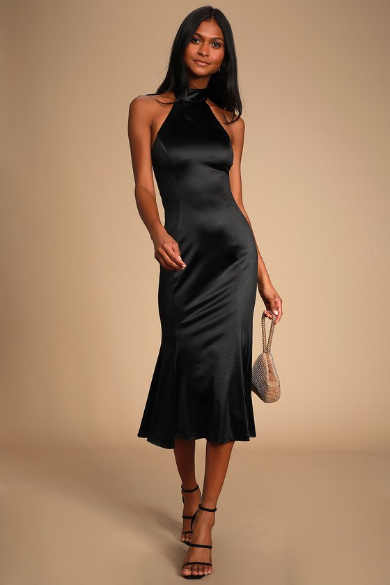 Chic Black  Dress  Satin Dress  Halter Dress  Midi  Dress  