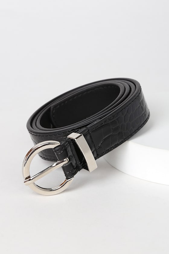 Black Belt - Vegan Leather Belt - Black Crocodile Embossed Belt