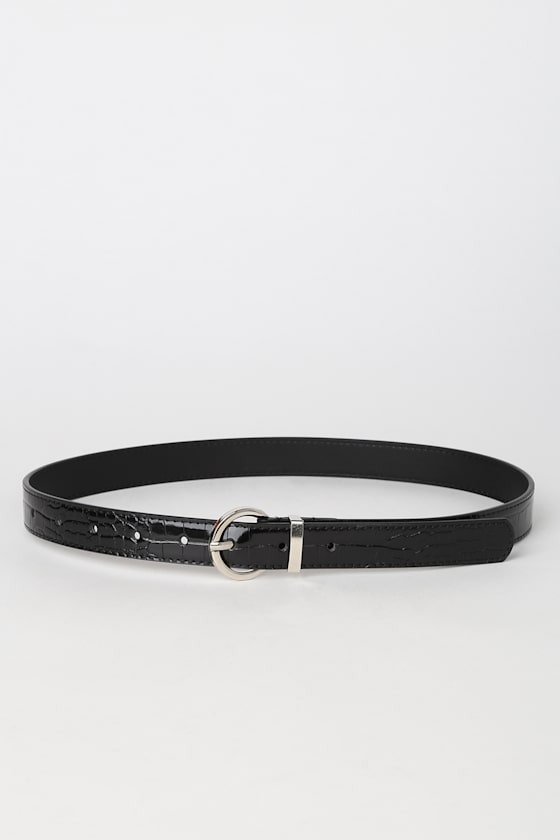 Black Belt - Vegan Leather Belt - Black Crocodile Embossed Belt