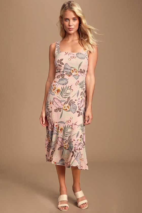 Island Sun Blush Pink Tropical Print Tie-Back Midi Dress 10