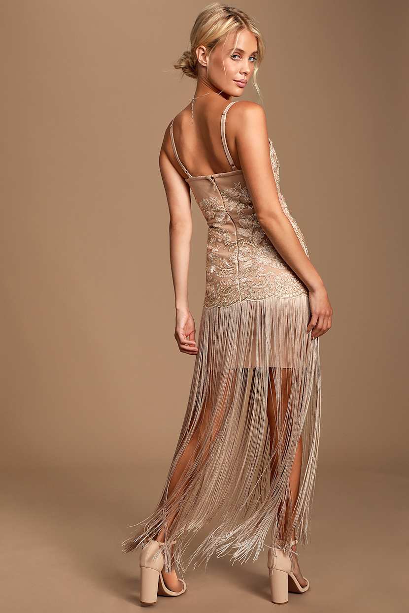 brown lace zara dress Adrianna Papell Women's Beaded-Mesh Fringe-Edge Dress