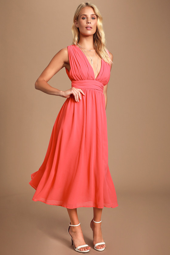 Pretty Pink Dress - Coral Pink Midi Dress - Plunging V-neck Dress - Lulus