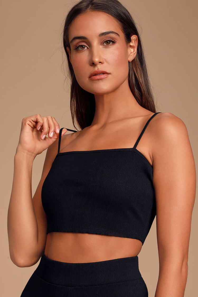 Stay Extra Black Ribbed Straight Neck Crop Top