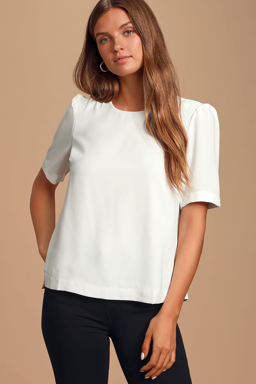 Halle White Short Sleeve Button-Back Top