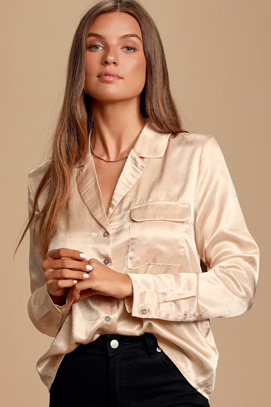 Luxurious Morning Champagne Satin Long Sleeve Top 2