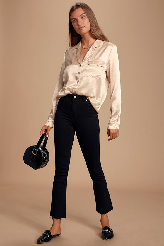 Luxurious Morning Champagne Satin Long Sleeve Top 1