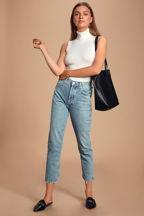 Don't Worry About A Thing White Sleeveless Turtleneck Bodysuit 1