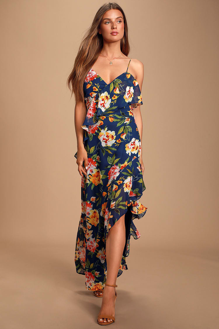 Jubilee Navy Blue Floral Print Ruffled Lace-Up Maxi Dress