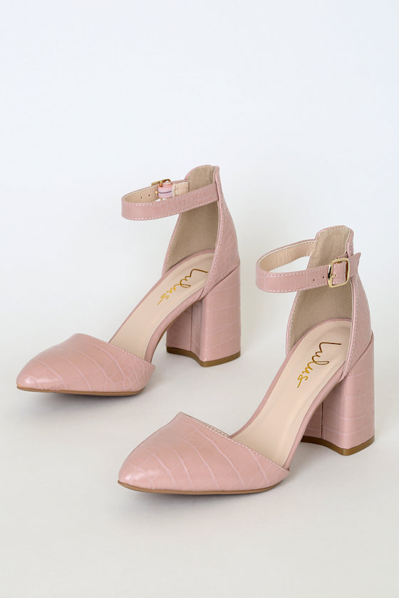 Ellarose Blush Pink Crocodile Ankle Strap Heels 1