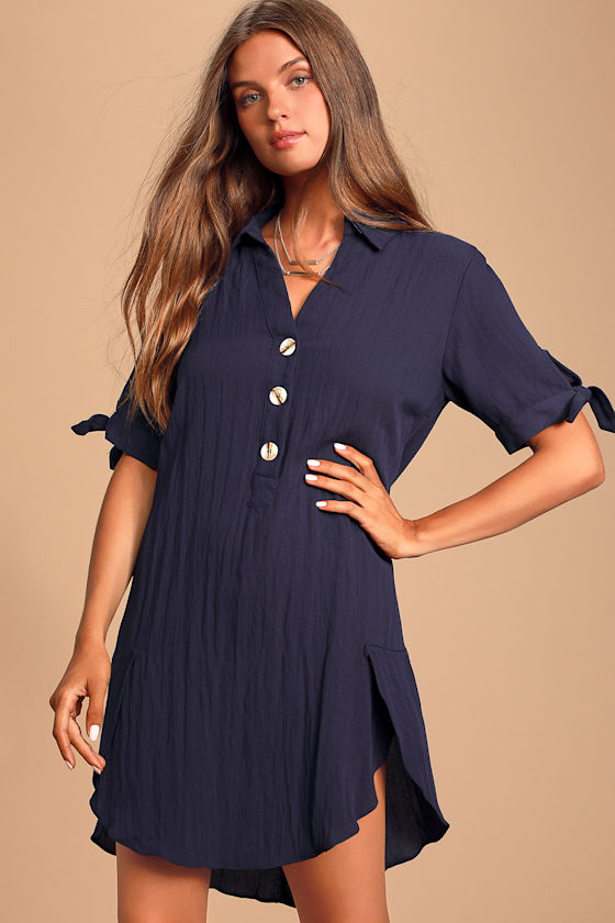 Navy Shirt Dress Shift Dress Mini Dress TieSleeve Dress Lulus