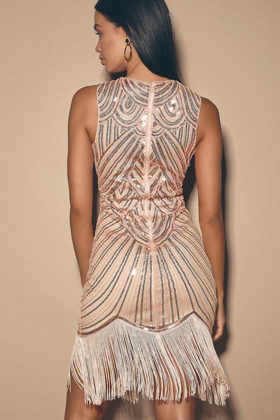 Rose Gold Sequin Dress Beaded Dress Sequin Fringe Dress