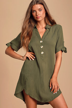 Olive Shirt Dress - Shift Dress - Mini Dress - Tie-Sleeve Dress - Lulus Olive Shirt Dress - Shift Dress - Mini Dress - Tie-Sleeve Dress - Lulus