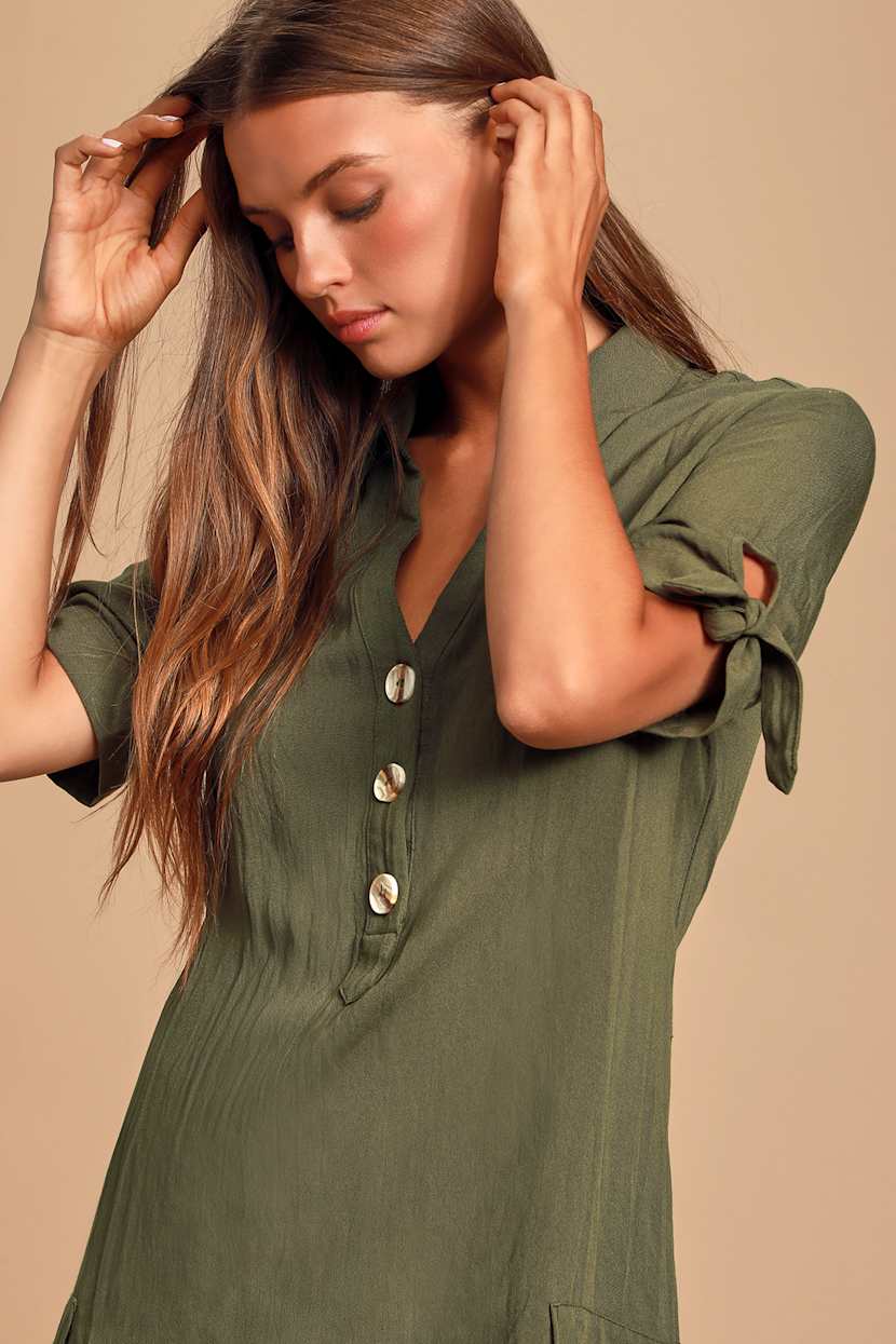 Olive Shirt Dress - Shift Dress - Mini Dress - Tie-Sleeve Dress - Lulus
