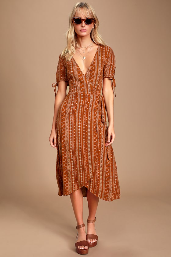 Tabatha Copper and White Print Wrap Midi Dress 5