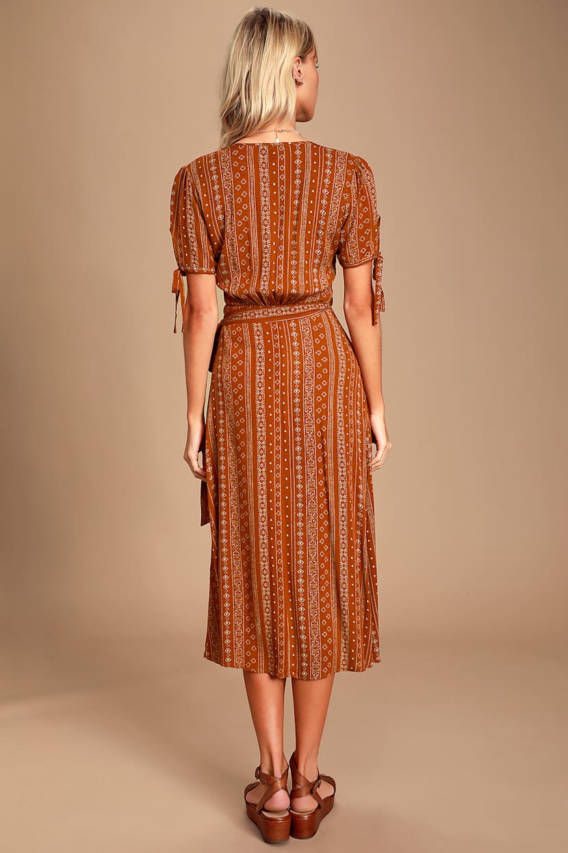 orange wrap dress midi Burnt Orange Strappy Wrap Top Gathered Skirt Midi Dress 16