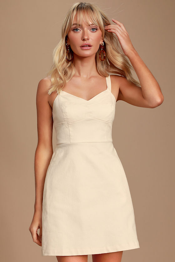 Line and Dot Cream Denim Mini Dress ALine Denim Dress Lulus