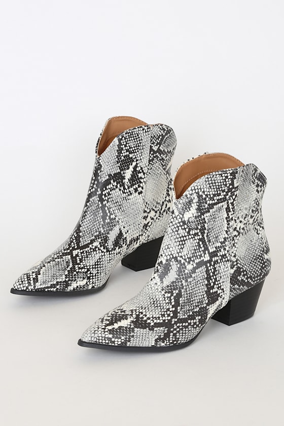 Alvena Grey and Black Snake Embossed Ankle Booties 1