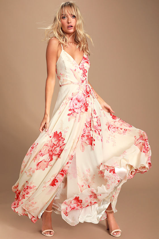 Elegantly Inclined Cream and Coral Floral Print Wrap Maxi Dress 1