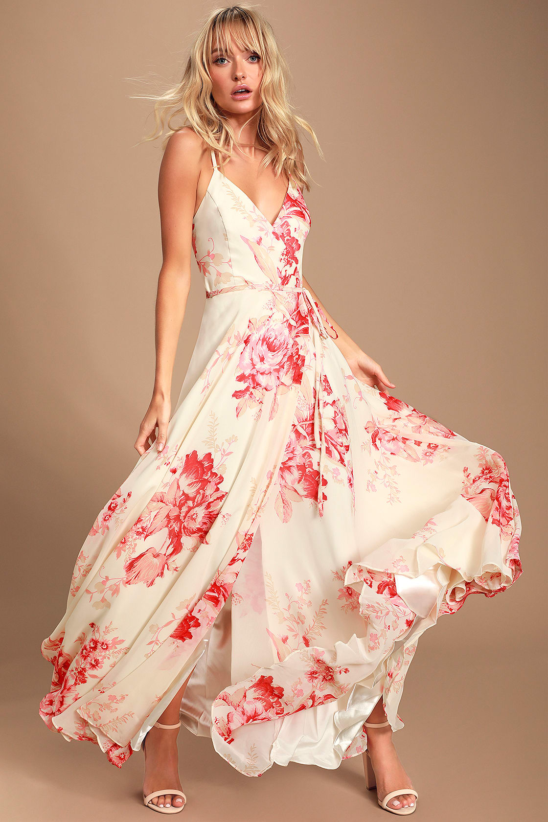 Elegantly Inclined Cream and Coral Floral Print Wrap Maxi Dress