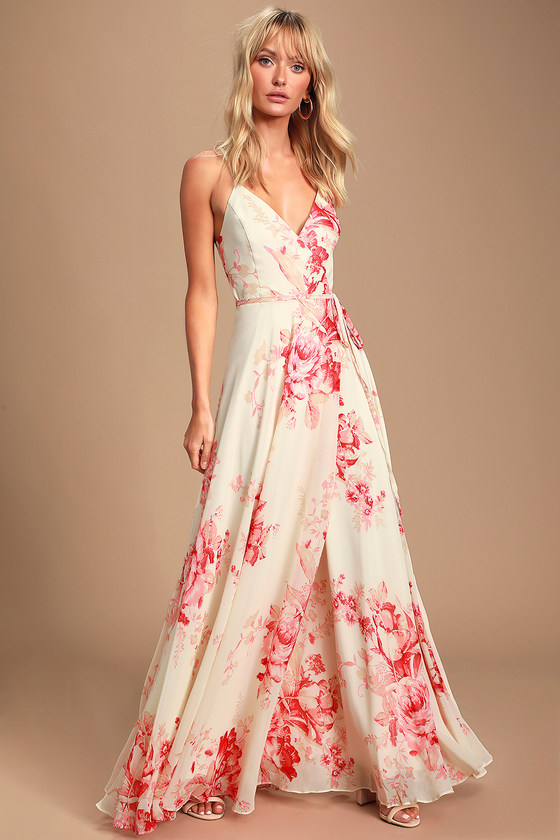 Cream and Coral Floral Print Dress - Wrap Dress - Maxi Dress
