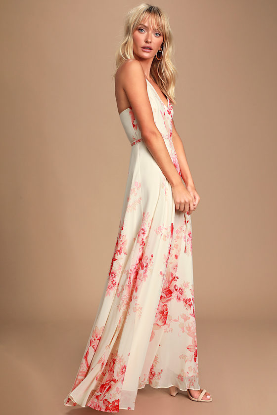 Elegantly Inclined Cream and Coral Floral Print Wrap Maxi Dress 4