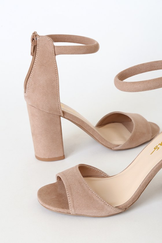taupe suede ankle strap heels
