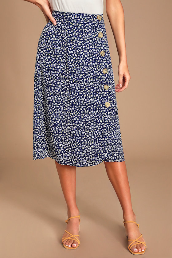 Rosemary Navy Blue Floral Print Button-Front Midi Skirt 7