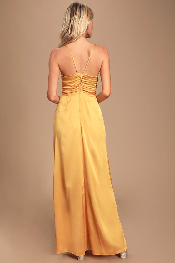 Sexy Golden Yellow Dress - Satin Dress - Ruched Maxi Dress - Gown - Lulus