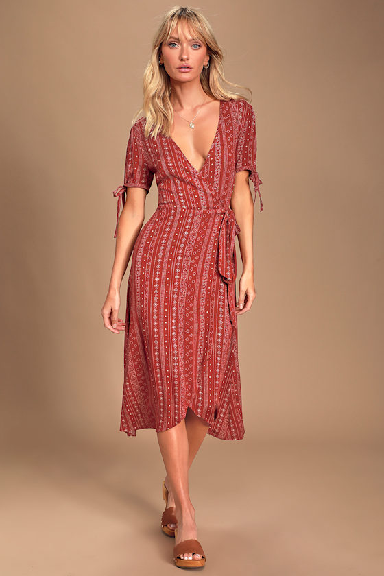 Tabatha Wine Red Print Wrap Midi Dress 1