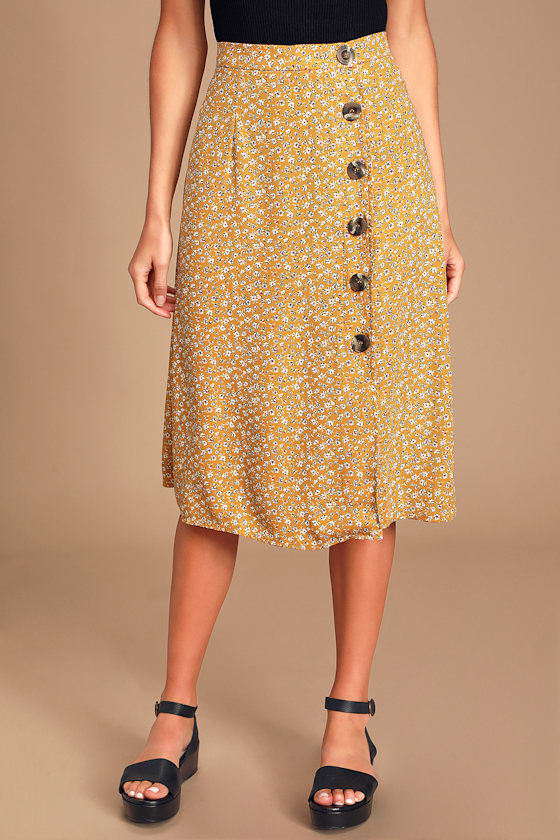 Lovely Mustard Yellow Skirt Floral ButtonFront Midi Skirt Lulus