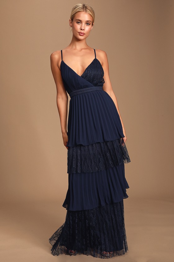 navy blue pleated dress