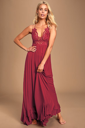 Free People Adella Maxi Slip - Berry Red Slip Dress - Lace Maxi - Lulus