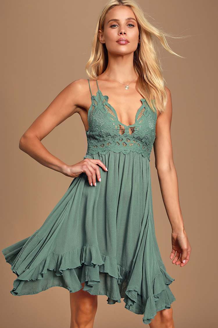 Free People Adella Slip - Sage Blue Slip Dress - Lace Slip Dress - Lulus
