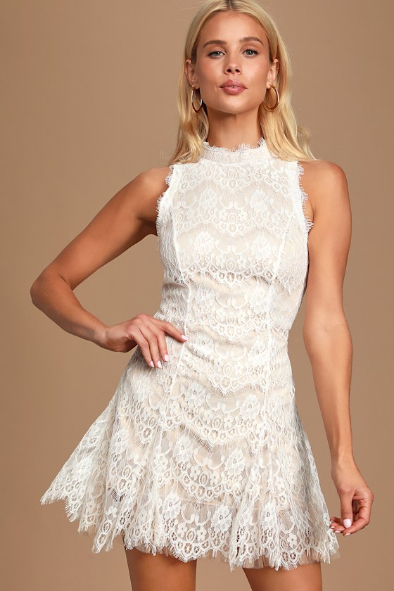 Dreaming of Forever White Lace Mock Neck Mini Dress 1